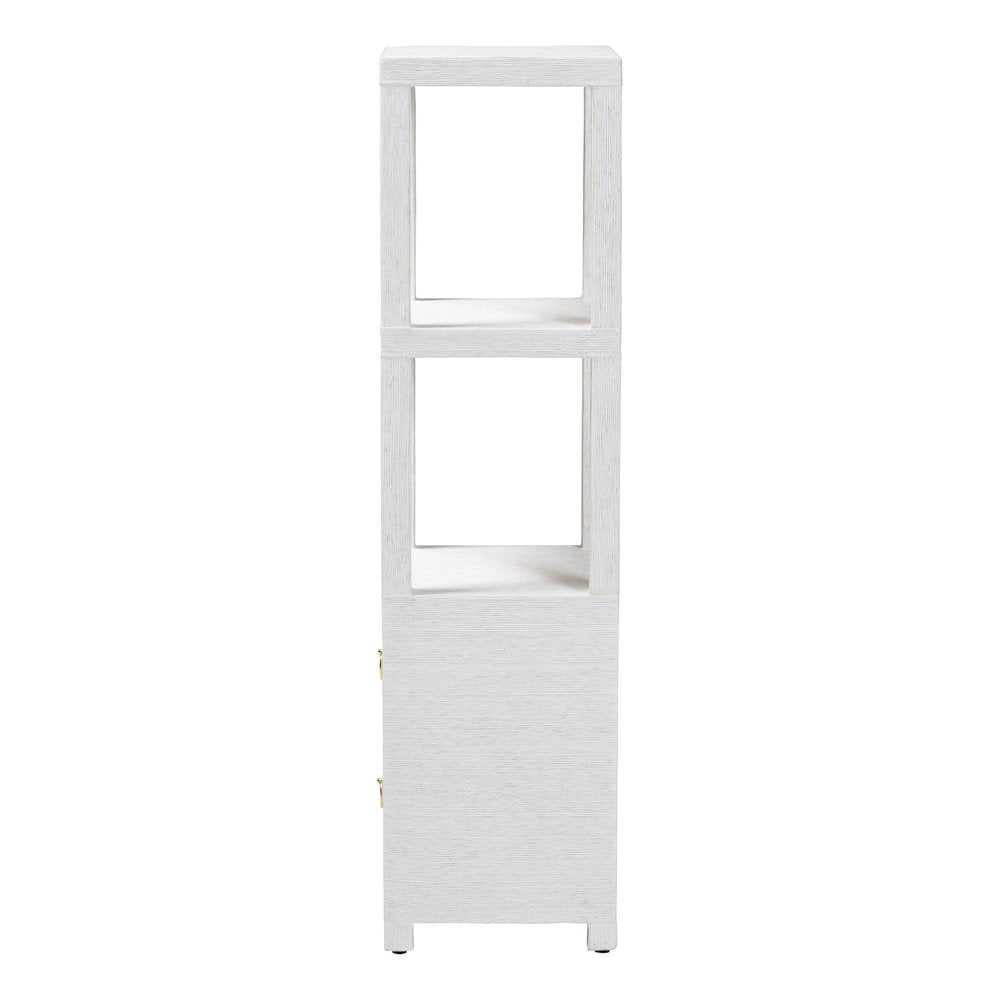 Grasscloth Tall Storage Cabinet  with Open Shelves and Drawers