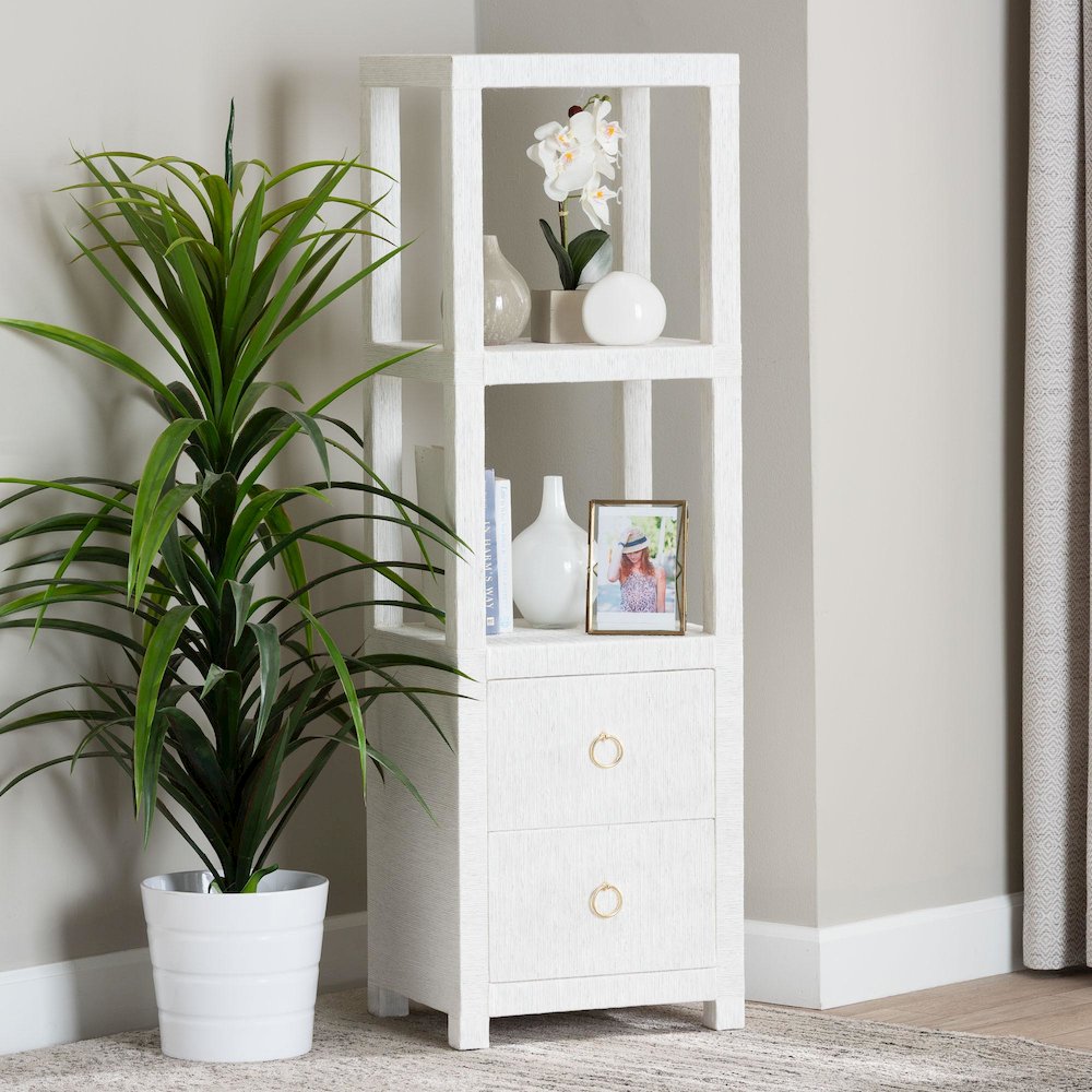Grasscloth Tall Storage Cabinet  with Open Shelves and Drawers