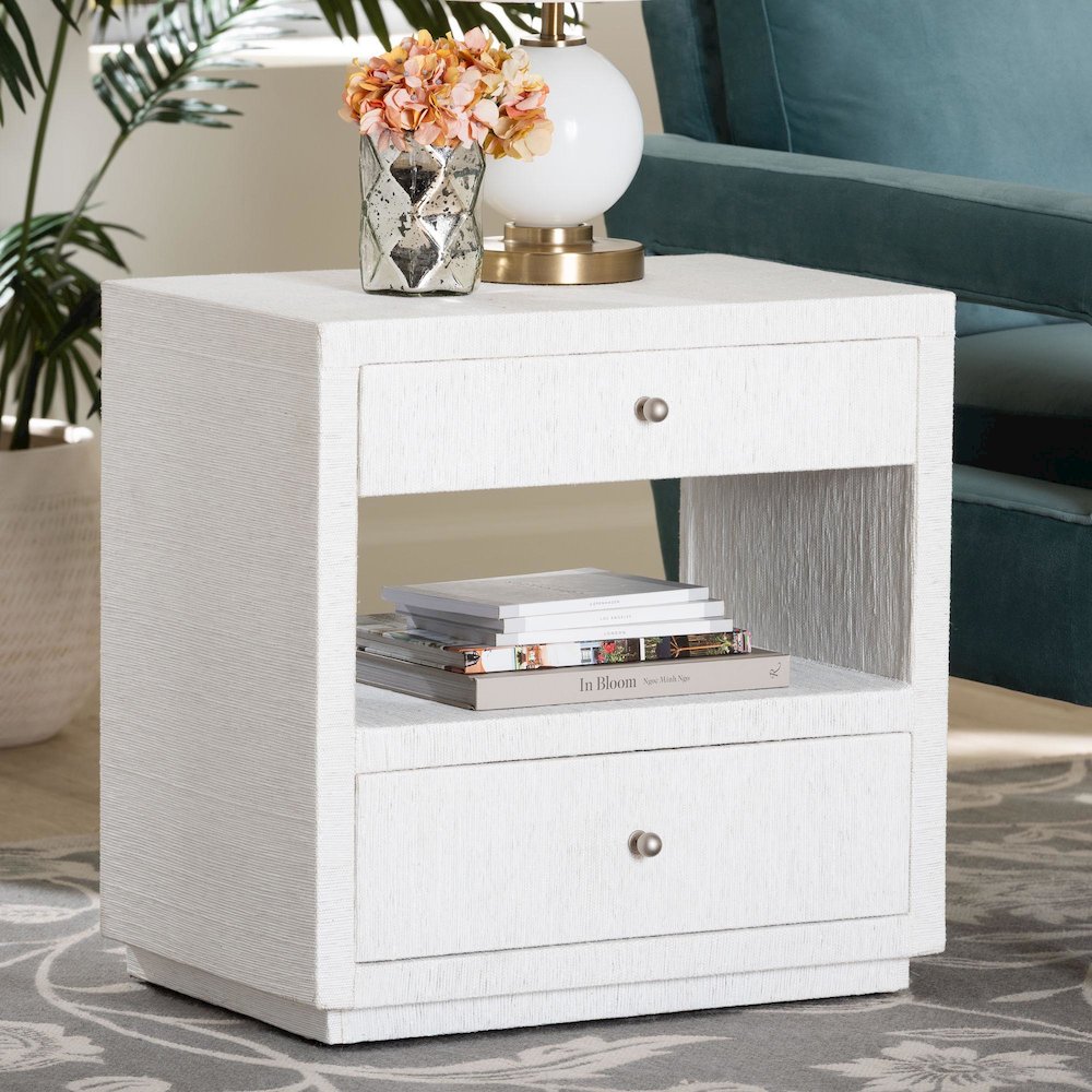 Grasscloth End Table - 2-Drawer Accent Table or Nightstand with Open Shelf