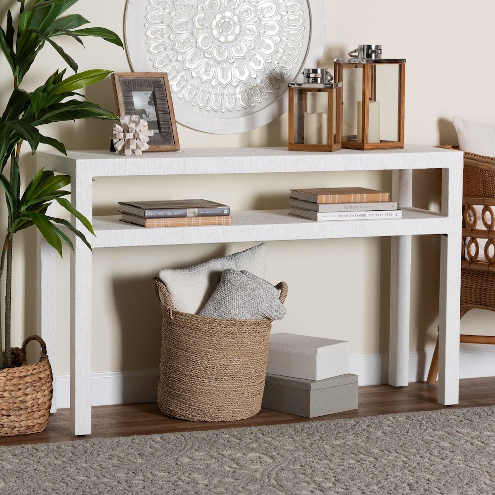 Natural Grasscloth Console Table - Two-Tier Entryway Table with Open Shelf