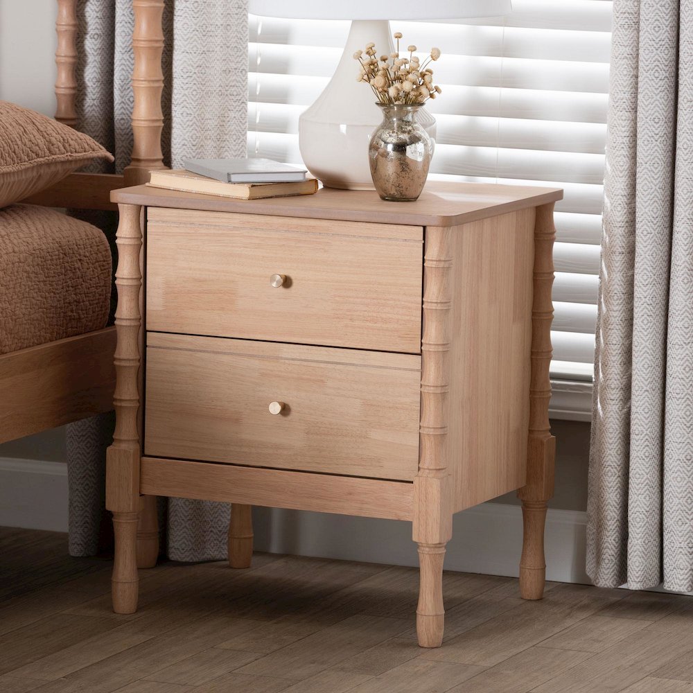 Nightstand - 2-Drawer Bedside Table with Bamboo-Style Turned Legs