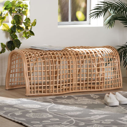 Natural Rattan Bench with Curved Frame - Lightweight Decorative