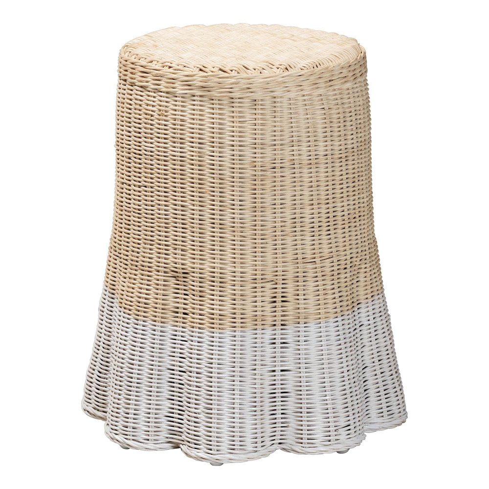 Natural Rattan End Table - Handwoven Wicker Accent Table with Scalloped Base