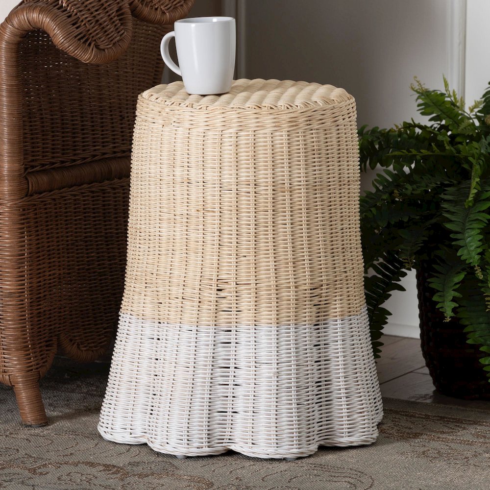 Natural Rattan End Table - Handwoven Wicker Accent Table with Scalloped Base