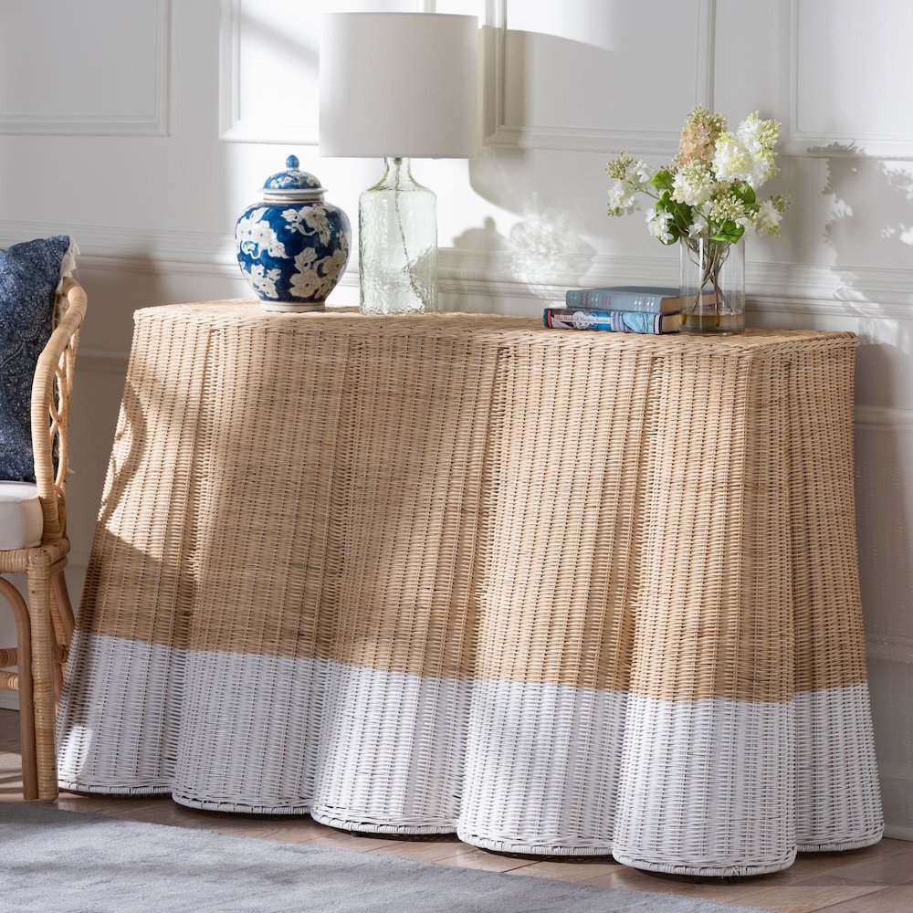 Rattan Console Accent Table, Coastal/Boho Decor, Rectangle 54", White/Natural
