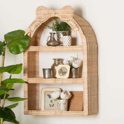 Natural Rattan Wall Shelf - 3-Tier Decorative Storage Rack with Arched Frame