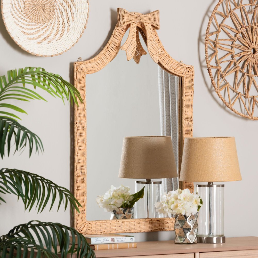 Natural Rattan Wall Mirror - Handwoven Arched Mirror with Scalloped Corners