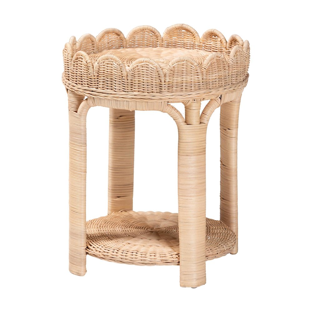 Rattan End Table - Handwoven Wicker 2-Tier Side Table with Scalloped Border