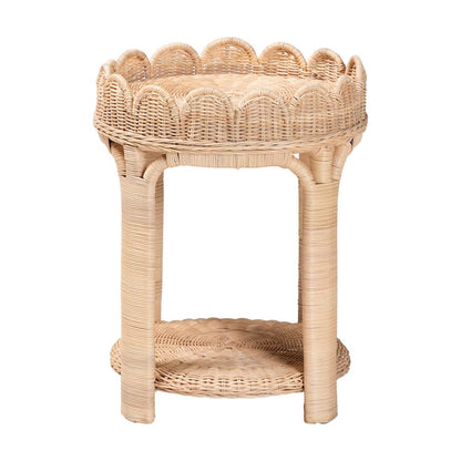 Rattan End Table - Handwoven Wicker 2-Tier Side Table with Scalloped Border