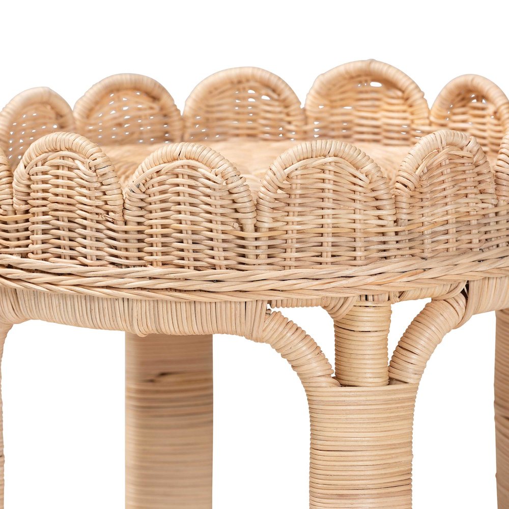 Rattan End Table - Handwoven Wicker 2-Tier Side Table with Scalloped Border