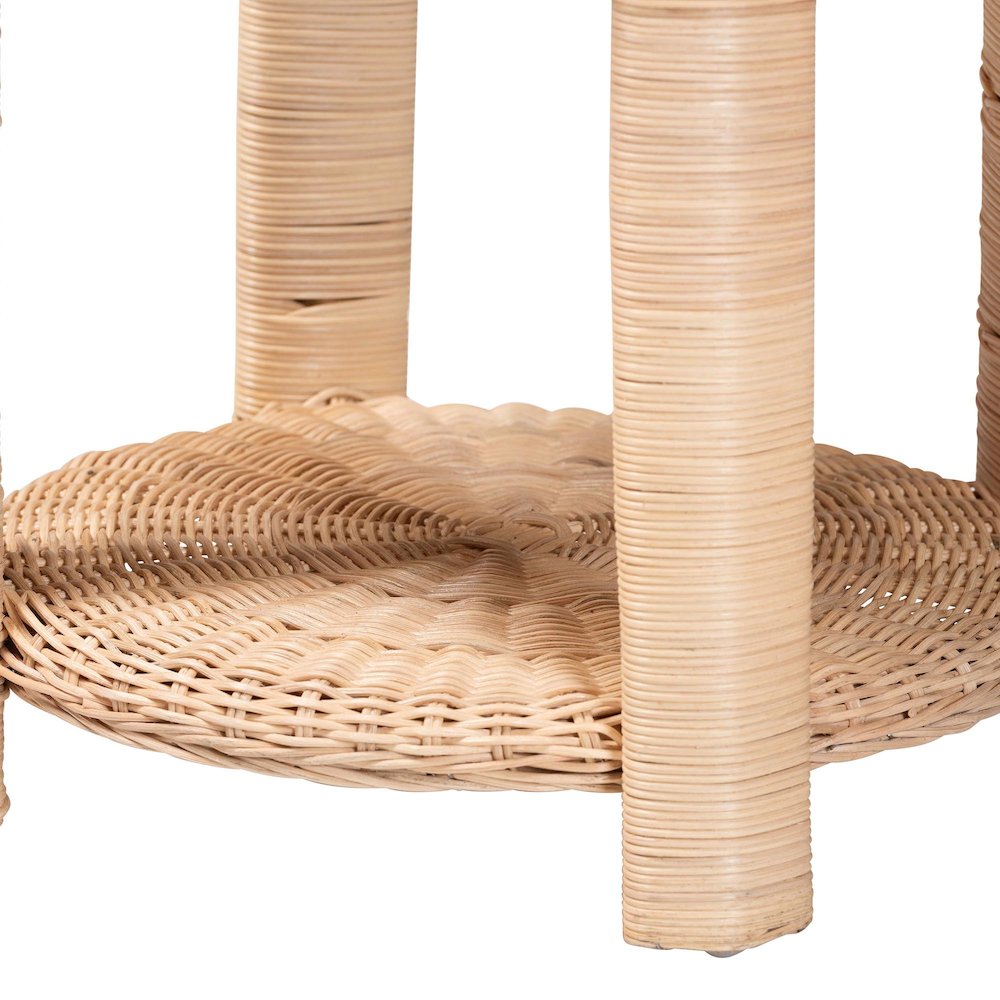 Rattan End Table - Handwoven Wicker 2-Tier Side Table with Scalloped Border