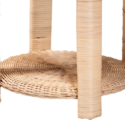 Rattan End Table - Handwoven Wicker 2-Tier Side Table with Scalloped Border