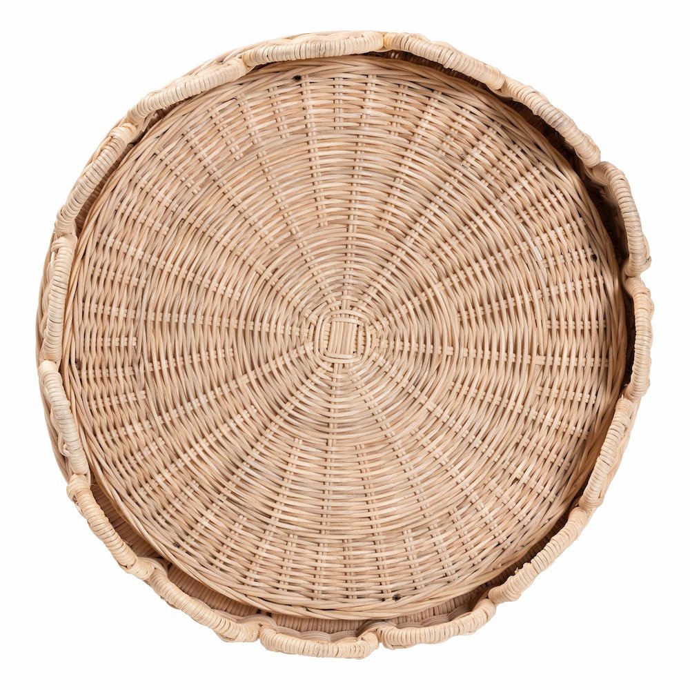 Rattan End Table - Handwoven Wicker 2-Tier Side Table with Scalloped Border