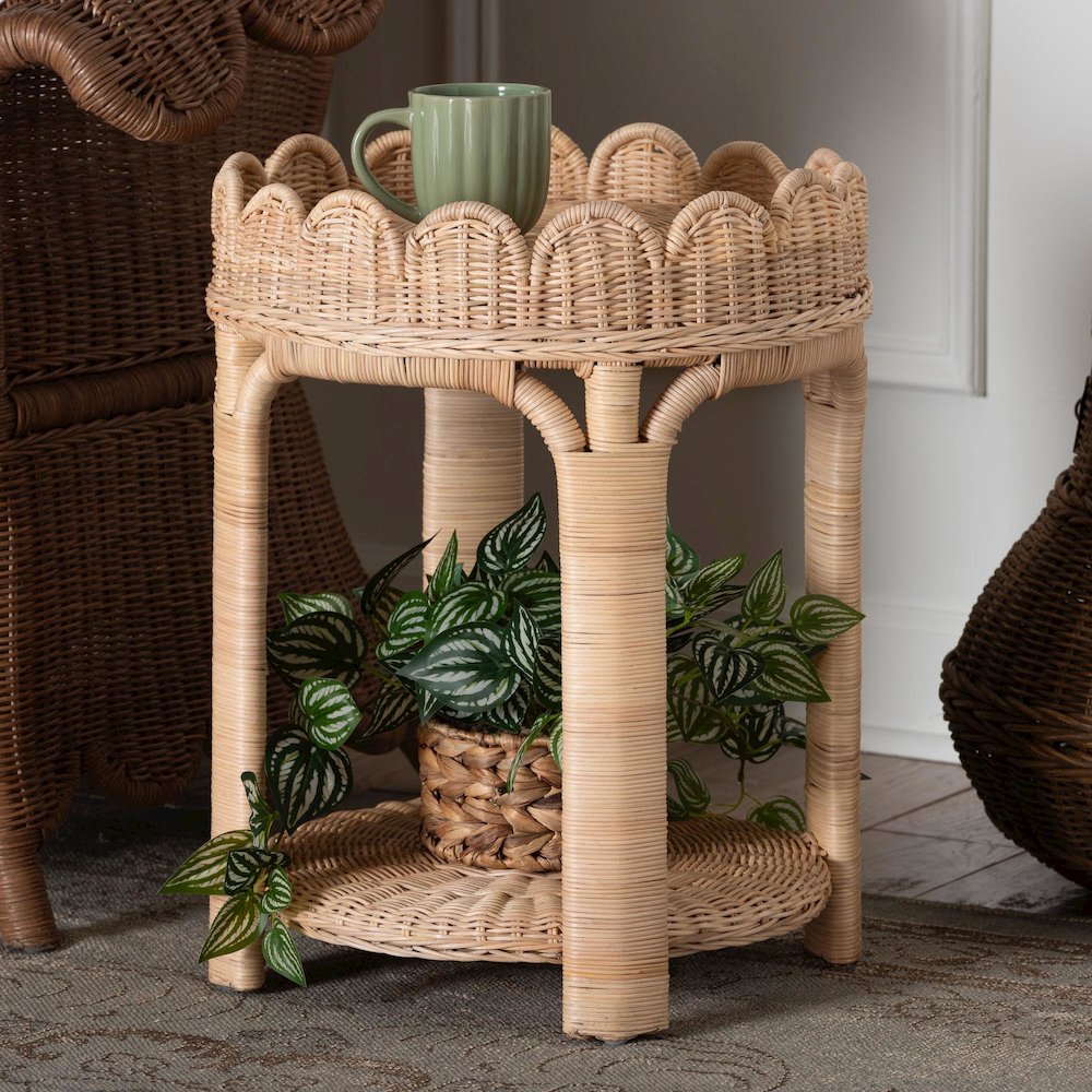 Rattan End Table - Handwoven Wicker 2-Tier Side Table with Scalloped Border