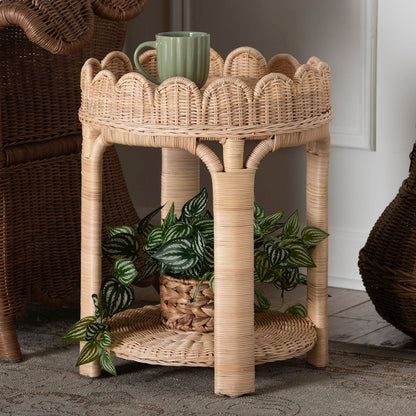 Rattan End Table - Handwoven Wicker 2-Tier Side Table with Scalloped Border