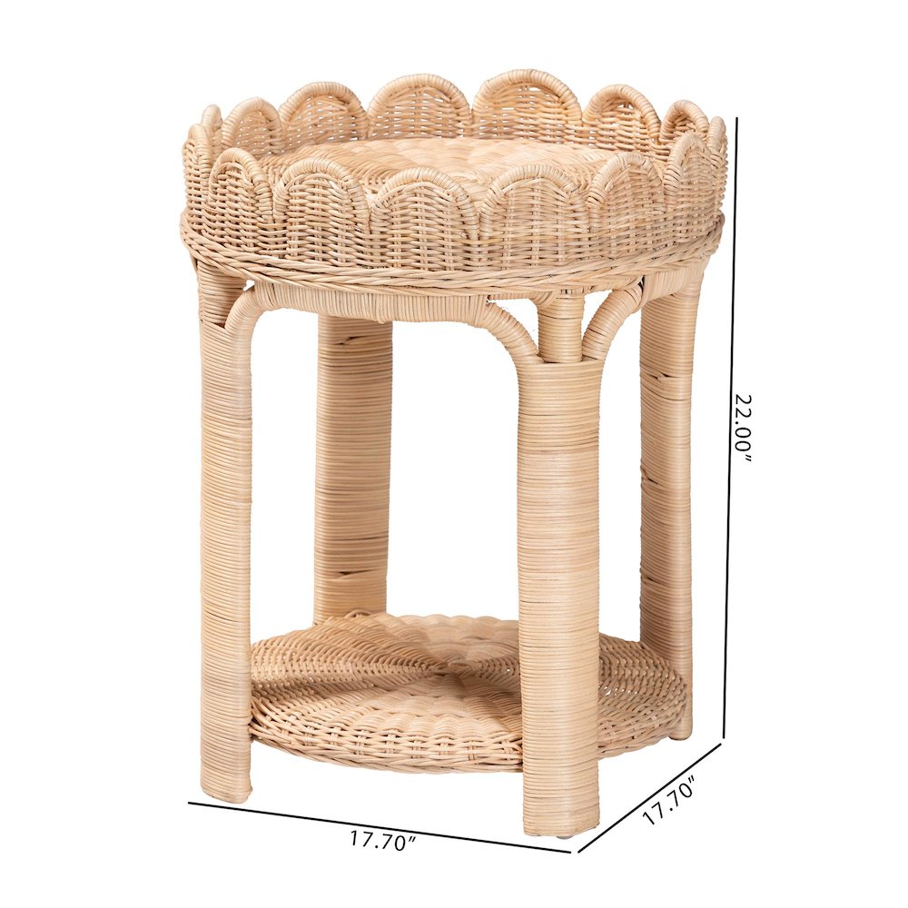 Rattan End Table - Handwoven Wicker 2-Tier Side Table with Scalloped Border