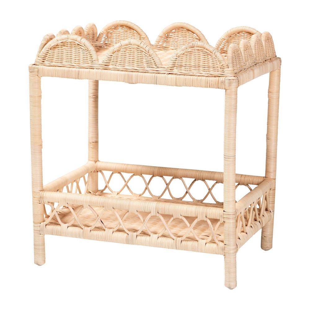 Rattan End Table - Handwoven Wicker 2-Tier Side Table with Scalloped Border