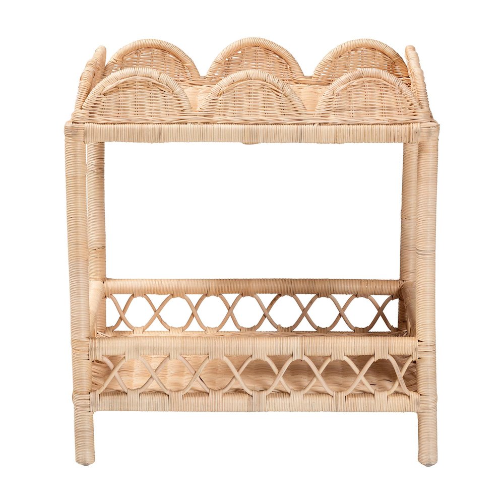 Rattan End Table - Handwoven Wicker 2-Tier Side Table with Scalloped Border