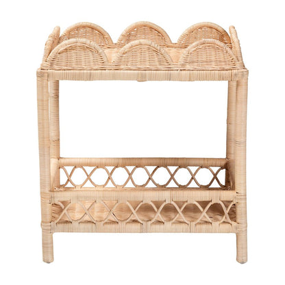 Rattan End Table - Handwoven Wicker 2-Tier Side Table with Scalloped Border