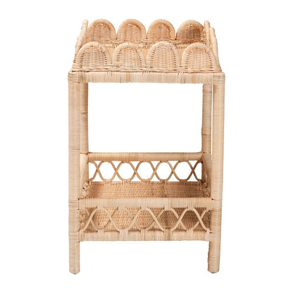 Rattan End Table - Handwoven Wicker 2-Tier Side Table with Scalloped Border