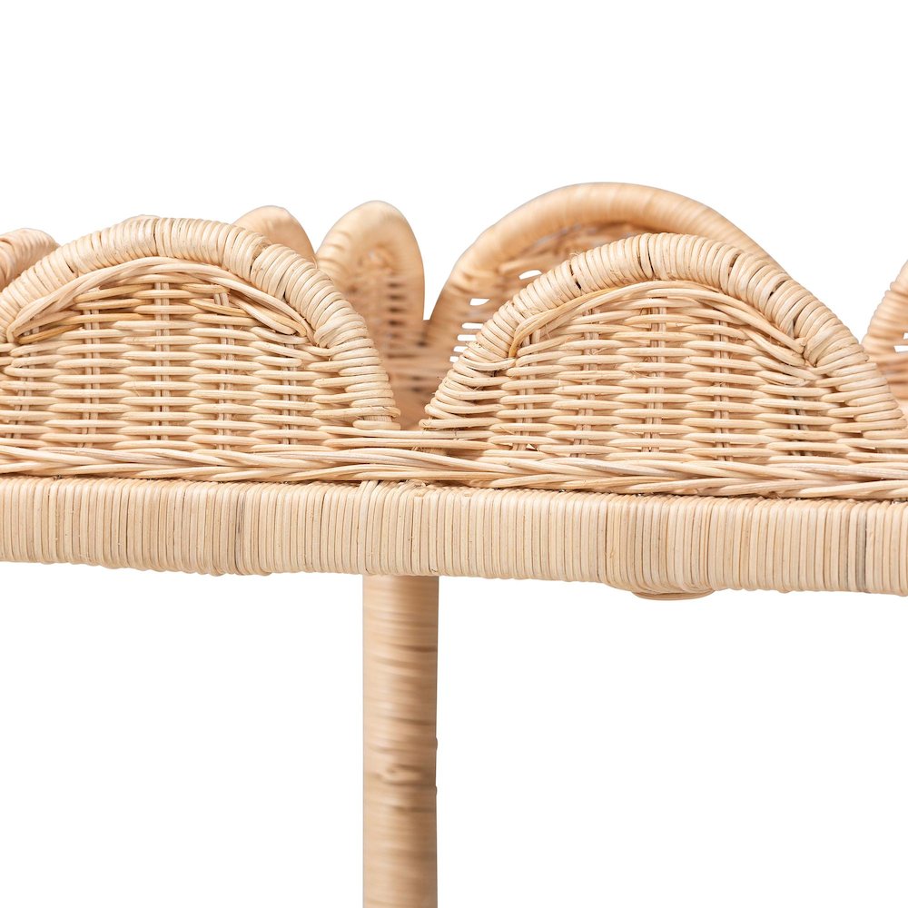 Rattan End Table - Handwoven Wicker 2-Tier Side Table with Scalloped Border