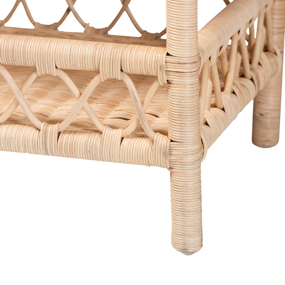 Rattan End Table - Handwoven Wicker 2-Tier Side Table with Scalloped Border