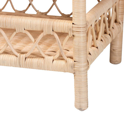 Rattan End Table - Handwoven Wicker 2-Tier Side Table with Scalloped Border