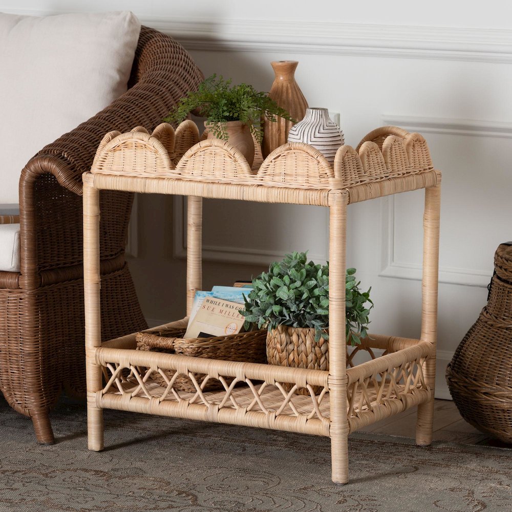 Rattan End Table - Handwoven Wicker 2-Tier Side Table with Scalloped Border