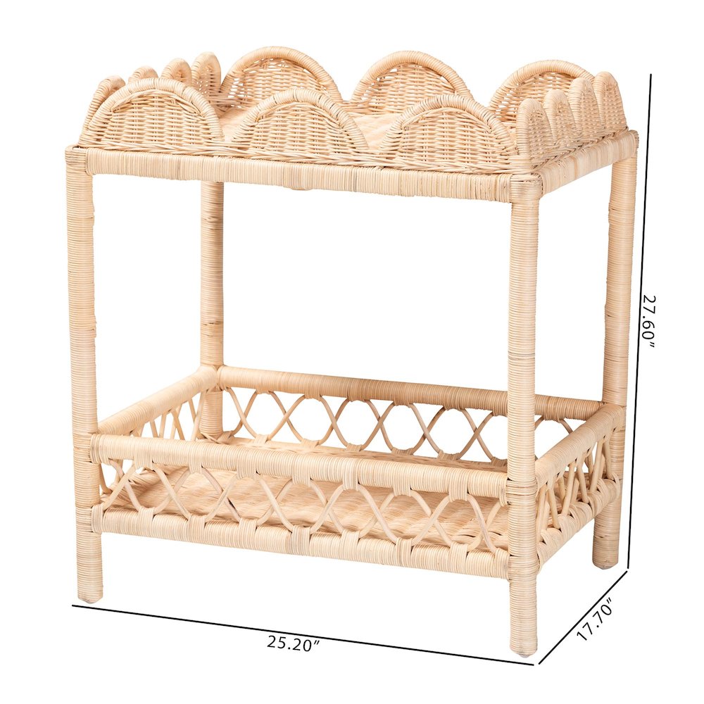 Rattan End Table - Handwoven Wicker 2-Tier Side Table with Scalloped Border
