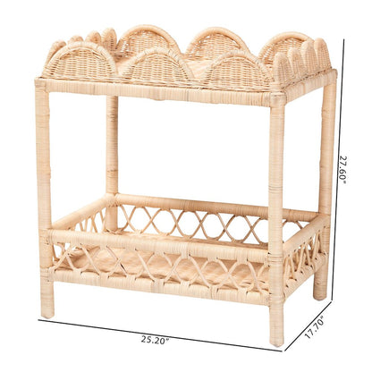 Rattan End Table - Handwoven Wicker 2-Tier Side Table with Scalloped Border