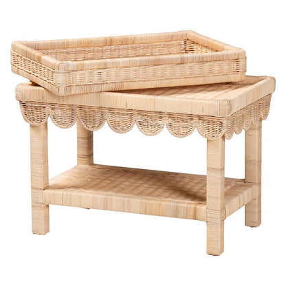 Scalloped Rattan End Table with Removable Tray Top-Handwoven Rattan Accent Table