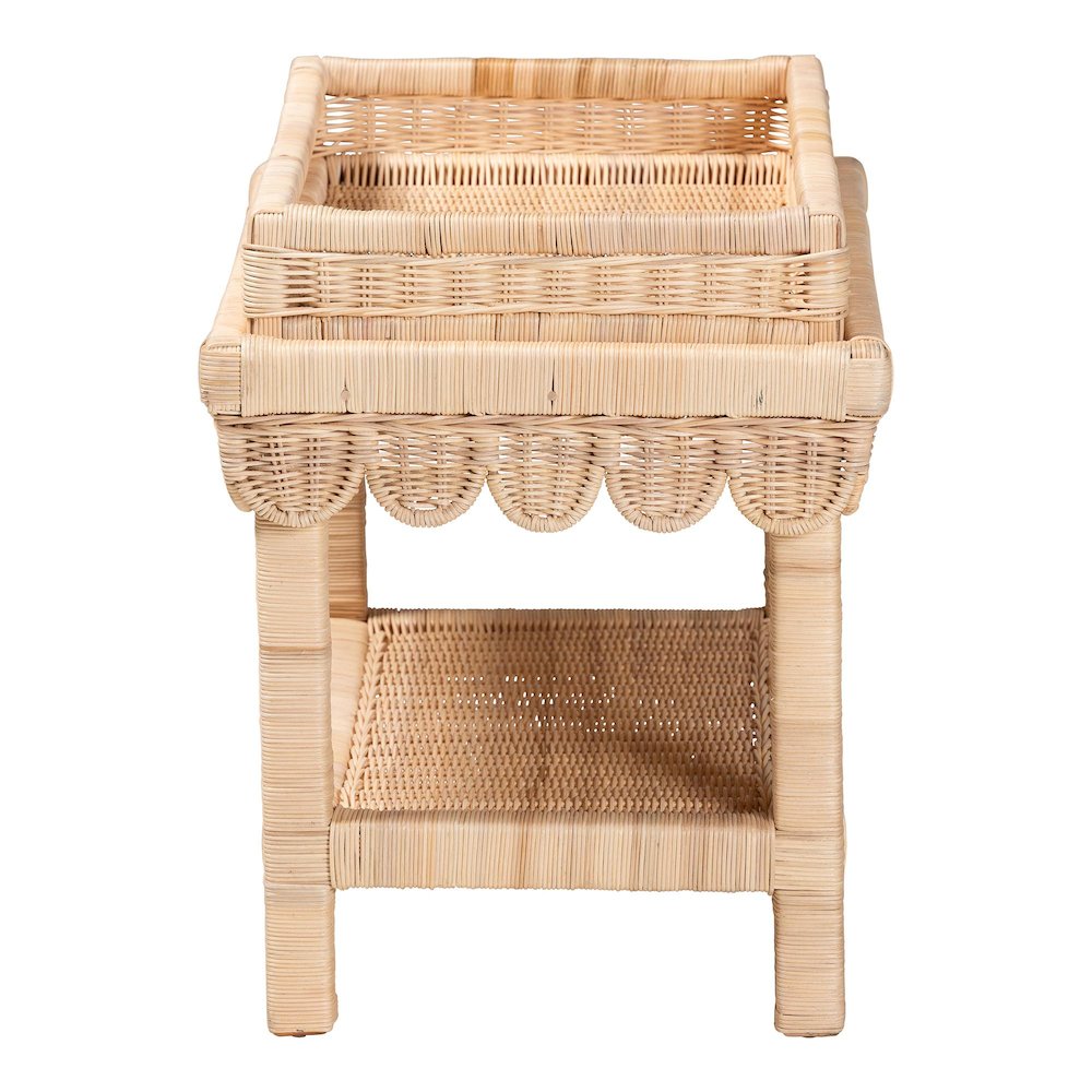 Scalloped Rattan End Table with Removable Tray Top-Handwoven Rattan Accent Table