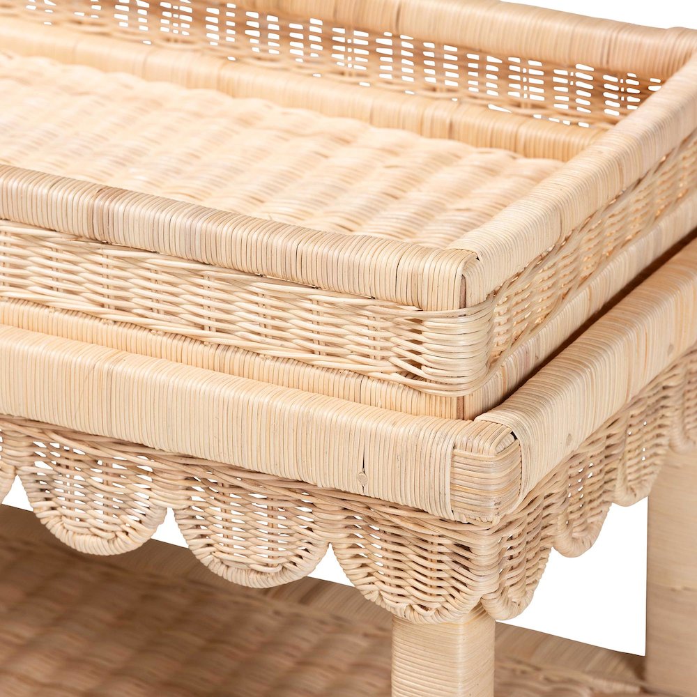 Scalloped Rattan End Table with Removable Tray Top-Handwoven Rattan Accent Table