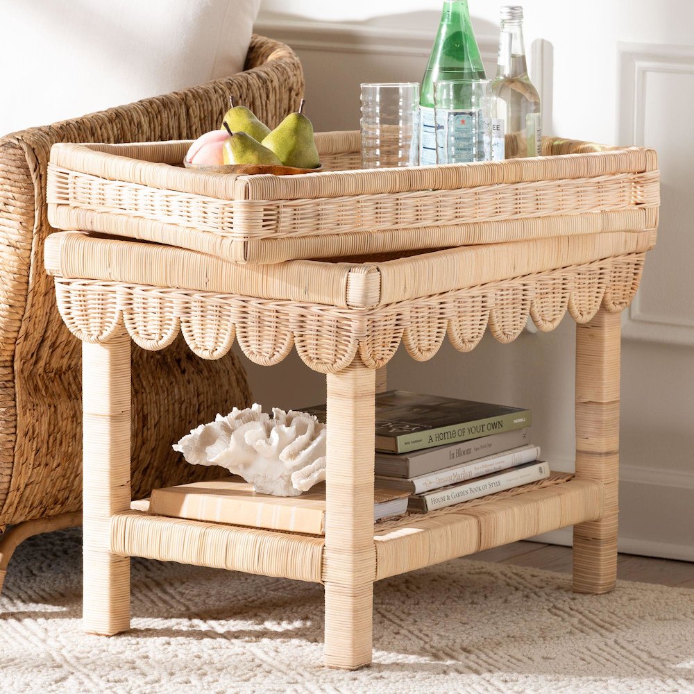 Scalloped Rattan End Table with Removable Tray Top-Handwoven Rattan Accent Table