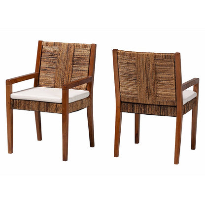Chabela 2-Pc Handwoven Seagrass Armchairs, Solid Mango Wood Frame Dining Chair