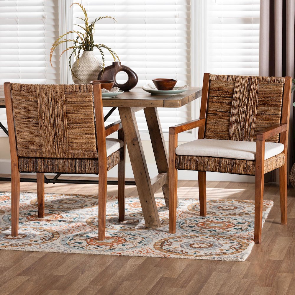 Chabela 2-Pc Handwoven Seagrass Armchairs, Solid Mango Wood Frame Dining Chair
