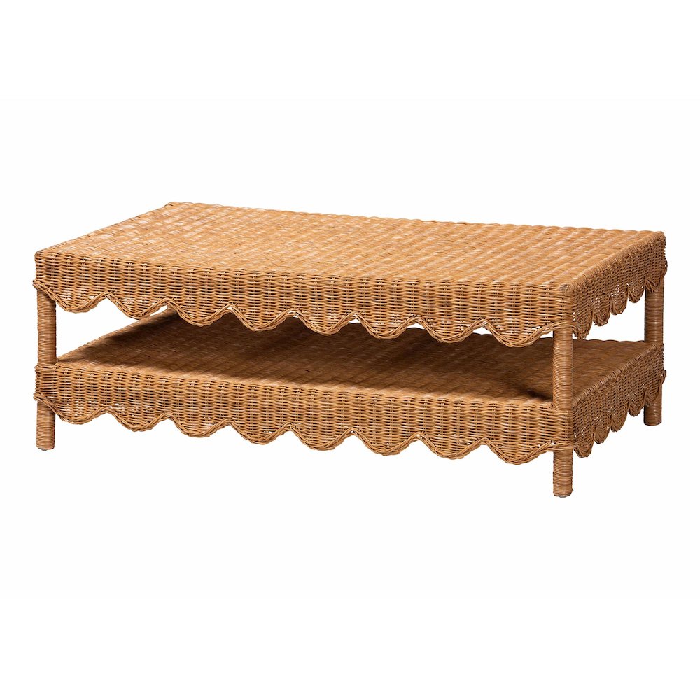 Oteria Natural Rattan Coffee Table Wicker Cocktail Table with Open Shelf
