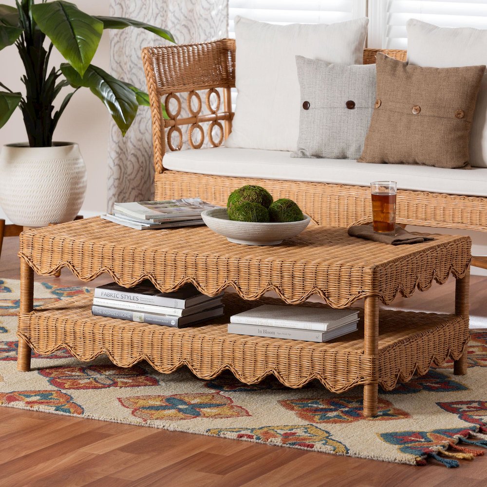 Oteria Natural Rattan Coffee Table Wicker Cocktail Table with Open Shelf