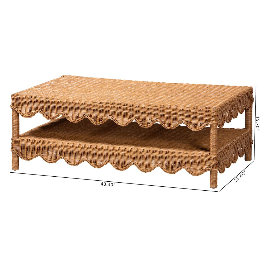 Oteria Natural Rattan Coffee Table Wicker Cocktail Table with Open Shelf