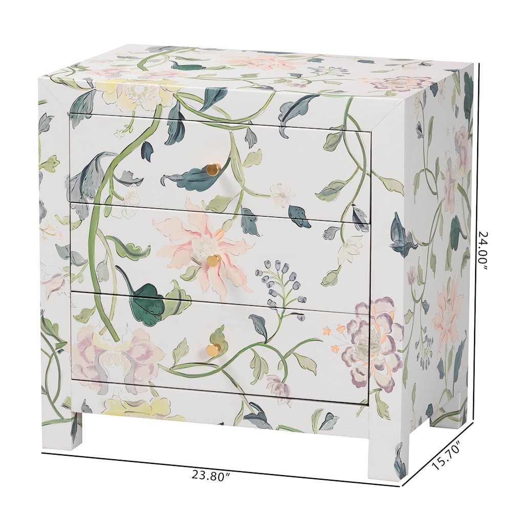 Connery Floral End Table - 3-Drawer Decorative Accent Storage Cabinet