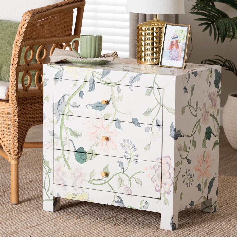 Connery Floral End Table - 3-Drawer Decorative Accent Storage Cabinet
