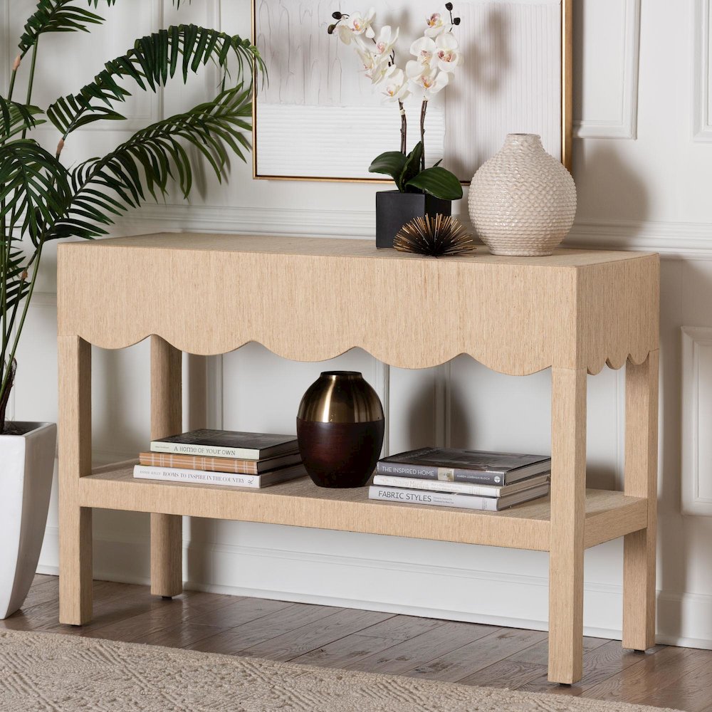 Natural Grasscloth Console Table - Two-Tier Entryway Table with Scalloped Apron