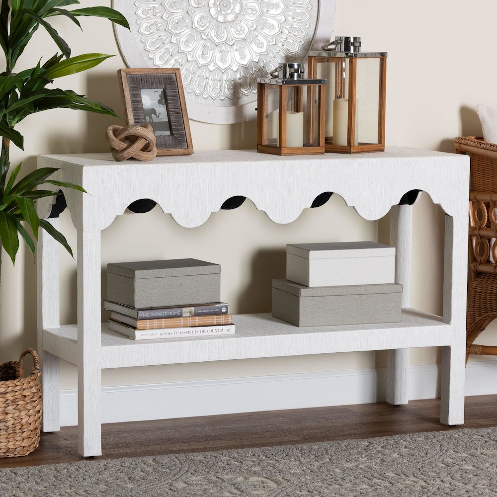 Natural Grasscloth Console Table - Two-Tier Entryway Table with Scalloped Apron