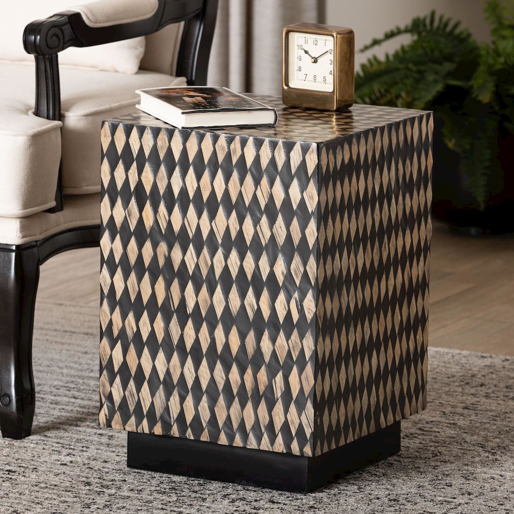 Decorative End Table with Bamboo Diamond Pattern, Square