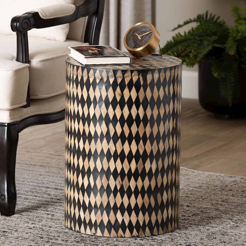 Decorative End Table with Bamboo Diamond Pattern, Round