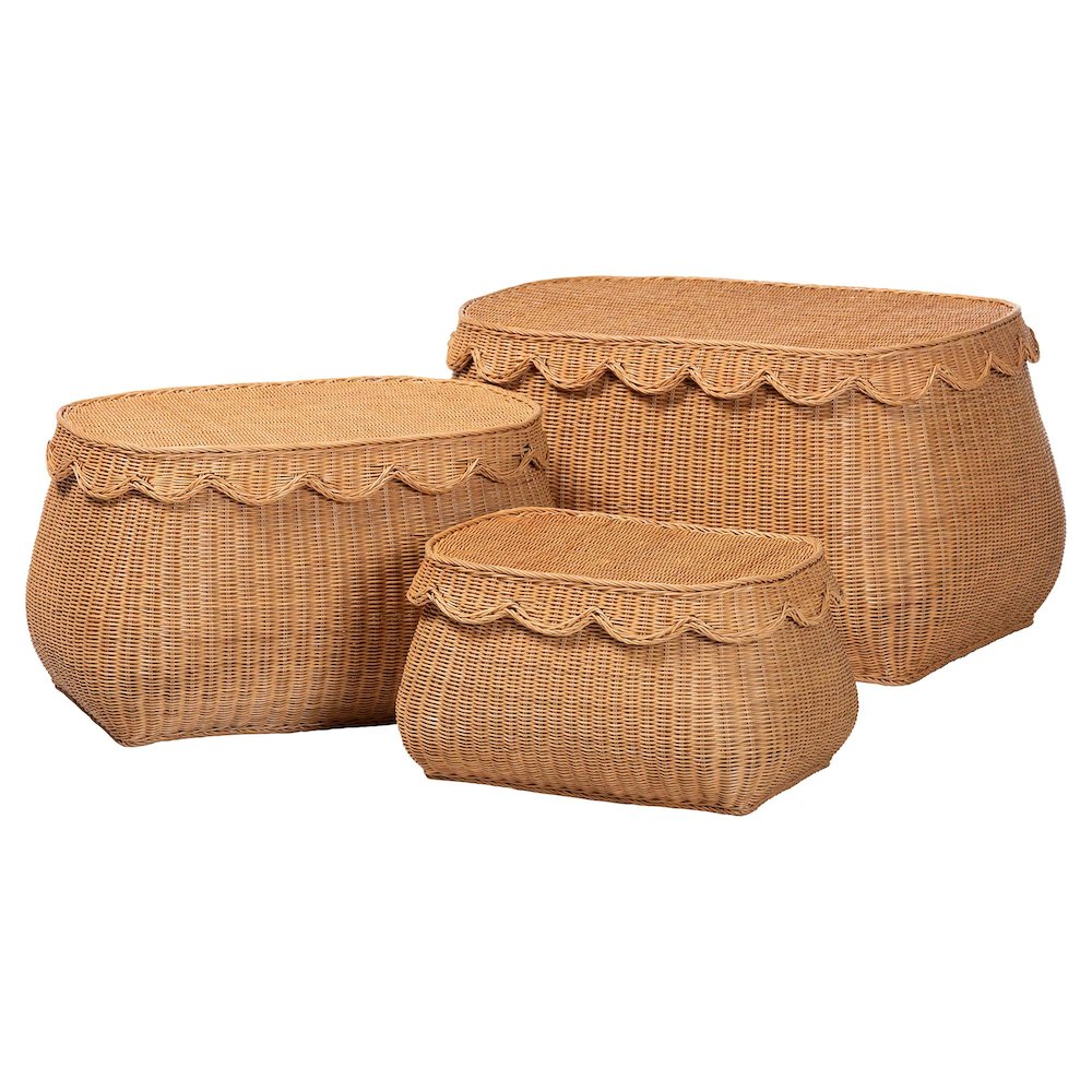 Rattan Basket Set with Scalloped Lids - Handwoven Wicker Storage Boxes, 3-Pc Set