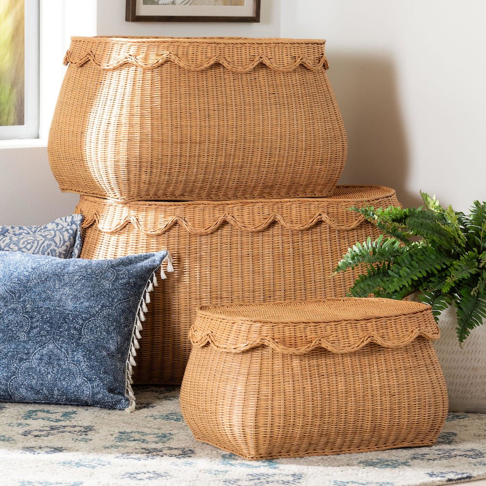 Rattan Basket Set with Scalloped Lids - Handwoven Wicker Storage Boxes, 3-Pc Set