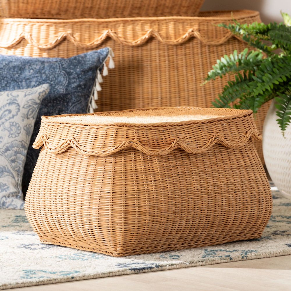 Ayleen Natural Rattan Basket - Handwoven Storage Box, Boho Coastal Decor, Small