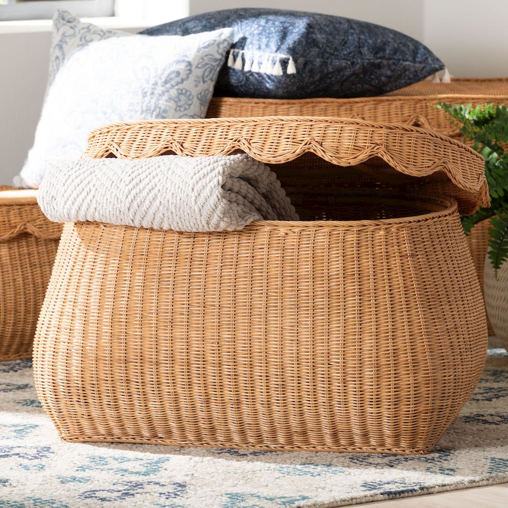 Ayleen Natural Rattan Basket - Handwoven Storage Box, Boho Coastal Decor, Medium