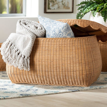 Ayleen Natural Rattan Basket - Handwoven Storage Box, Boho Coastal Decor, Large